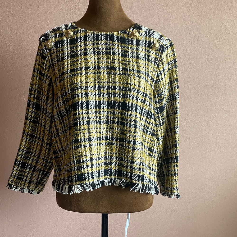 Zara Plaid Fringe Blouse in Yellow and Black